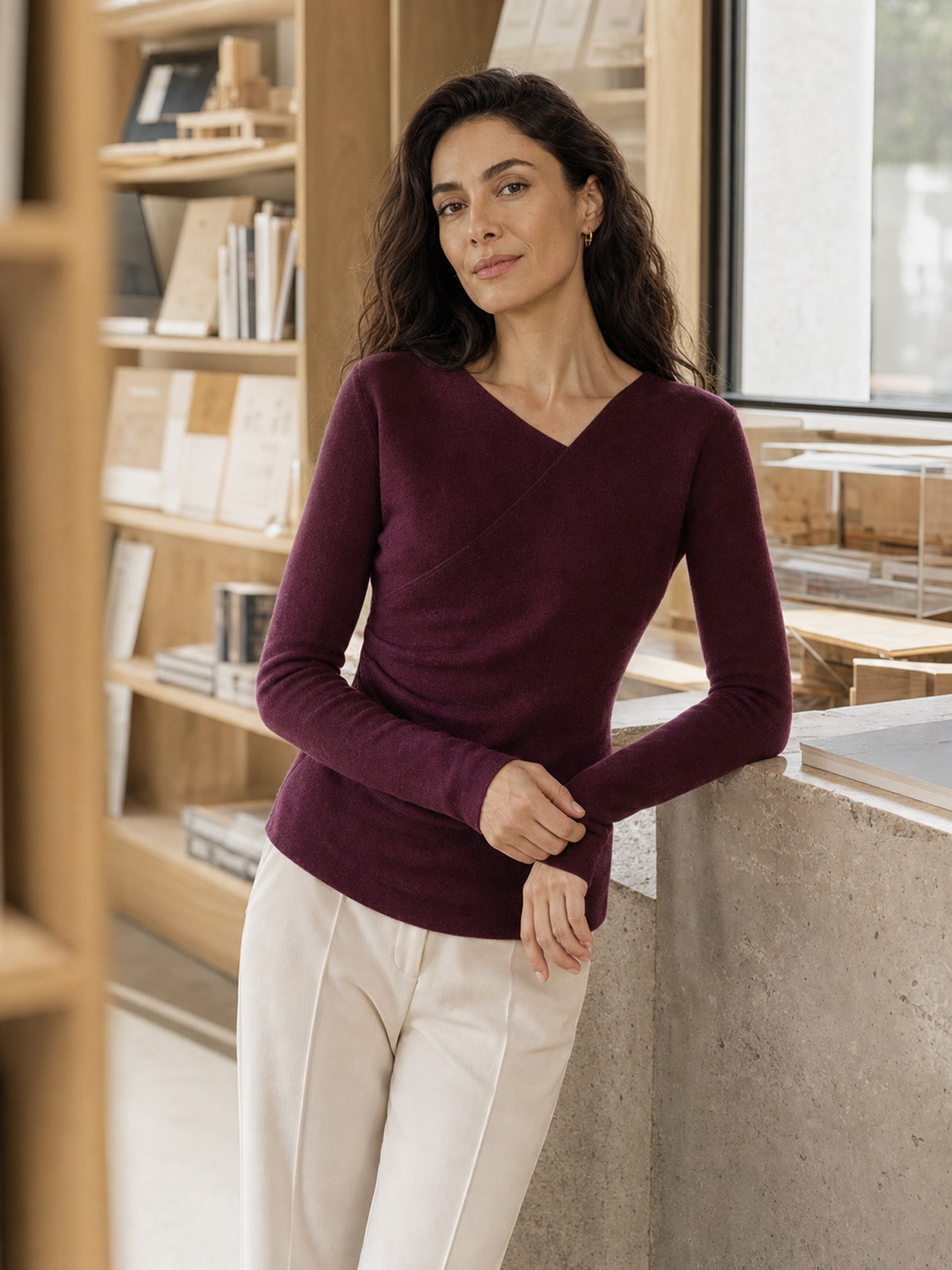Merino Wool Side-Gathered Crossover V-Neck Top JOVANNA  DestGlow