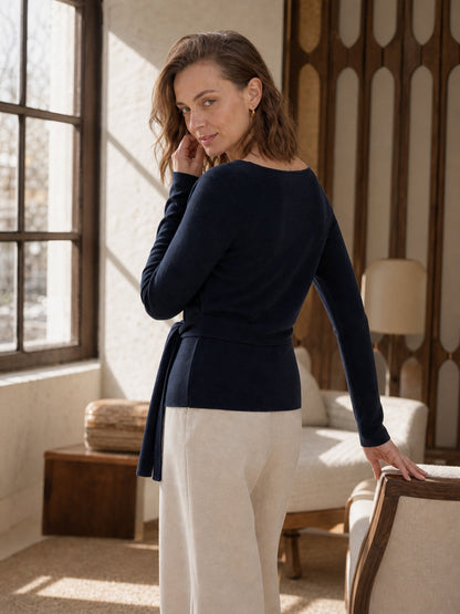 Merino Wool Belted Waist Boat Neck Top NATALIA  DestGlow