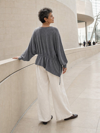 Merino Wool Asymmetric Drawstring Hem Loose Top WREN  DestGlow