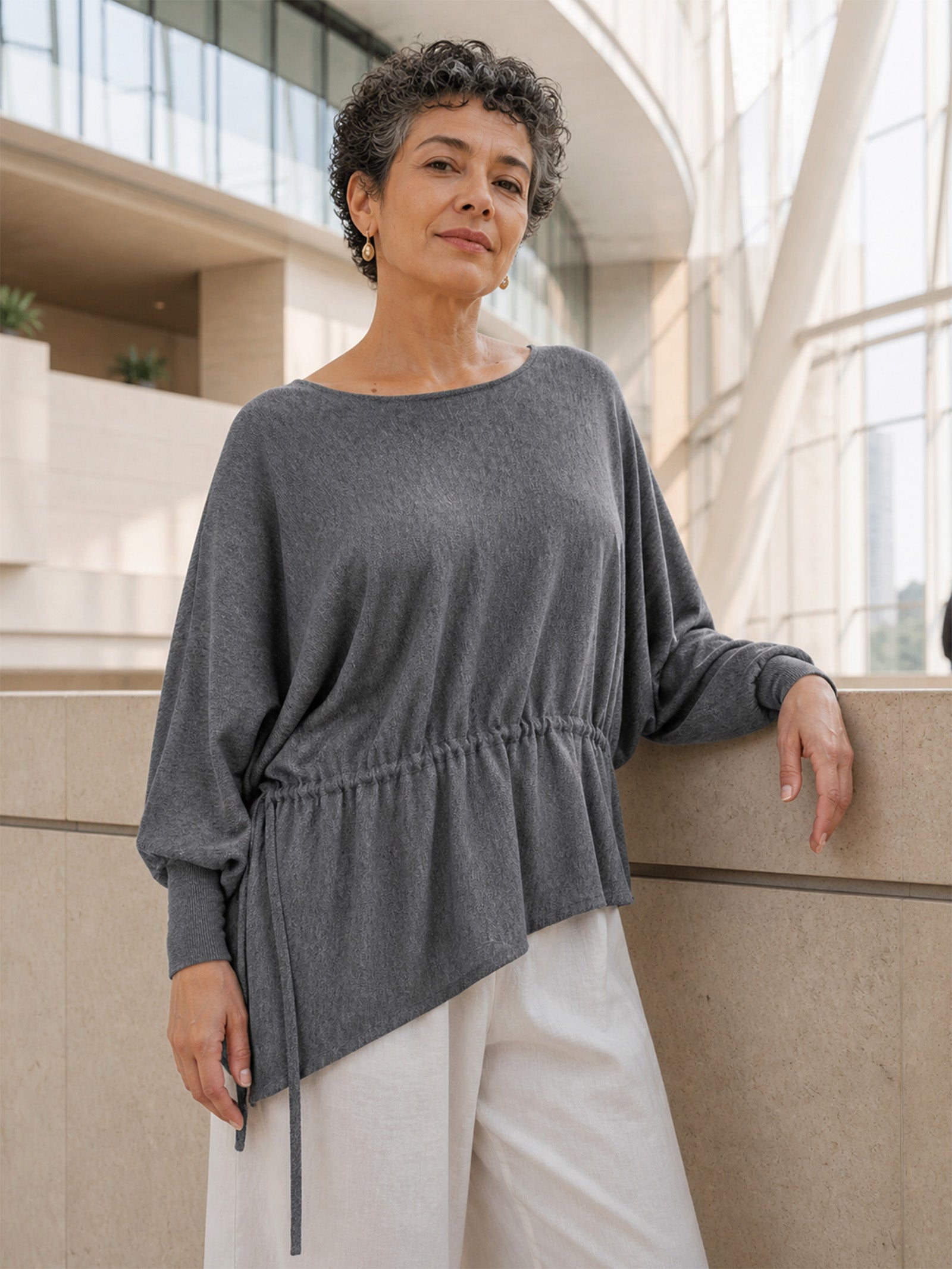 Merino Wool Asymmetric Drawstring Hem Loose Top WREN  DestGlow