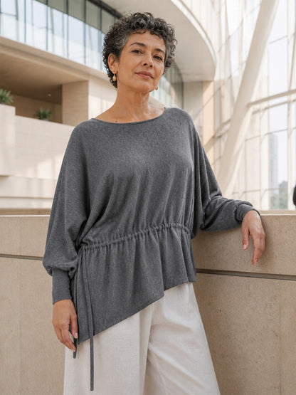 Merino Wool Asymmetric Drawstring Hem Loose Top WREN  DestGlow