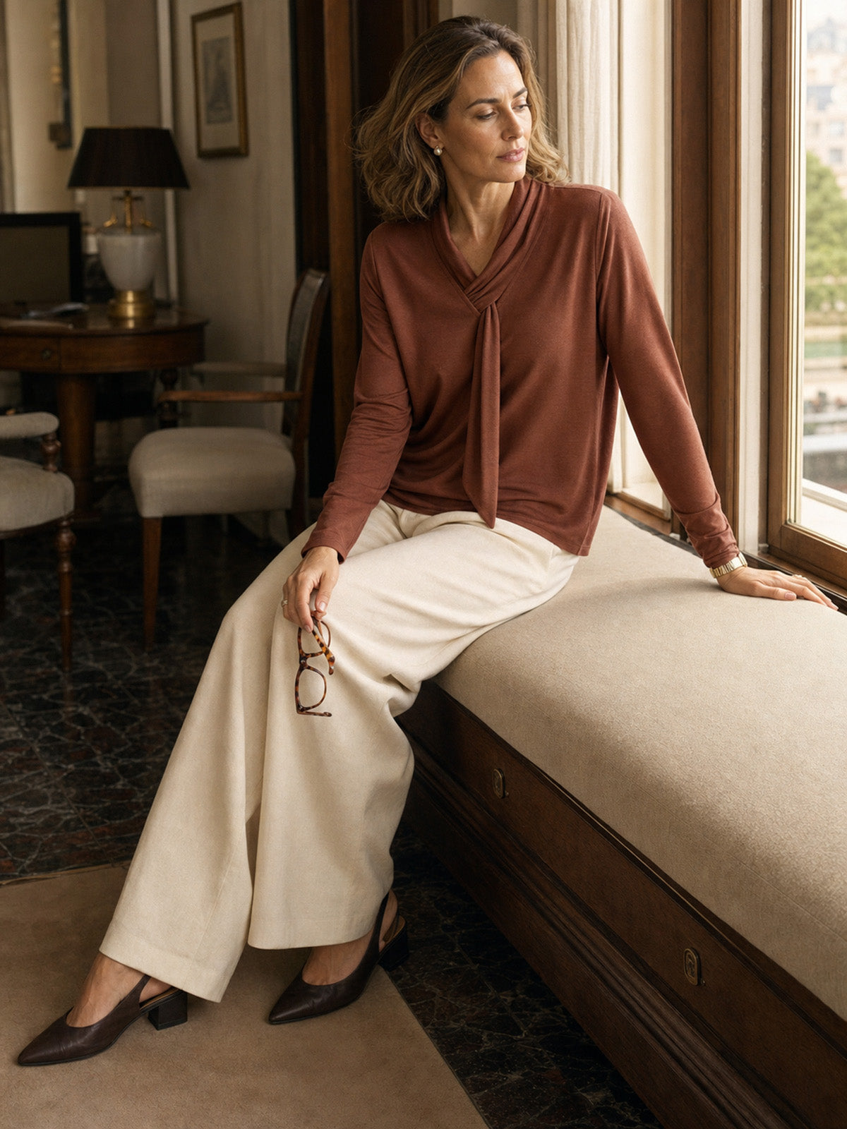Wool Scarf Collar Long Sleeve Top ALESSIA  DestGlow