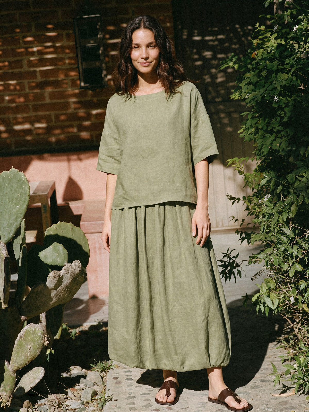 100% Linen Drop Shoulder Shirred Back High-Low Hem Top LINDSEY by LINTICO