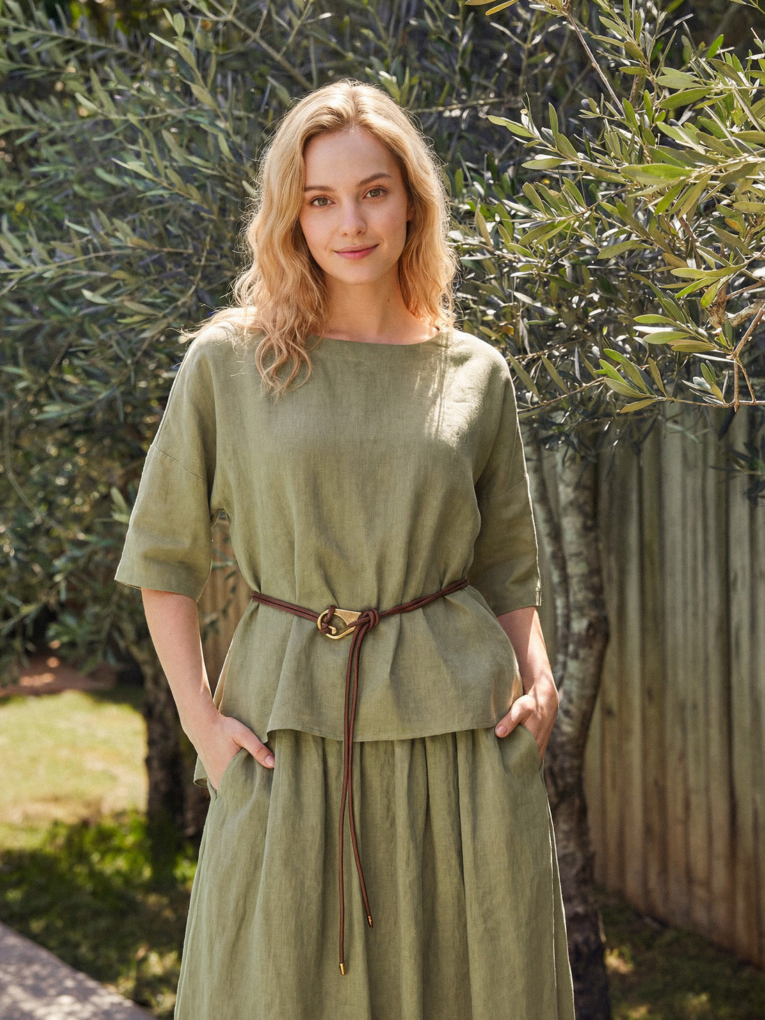 100% Linen Drop Shoulder Shirred Back High-Low Hem Top LINDSEY by LINTICO