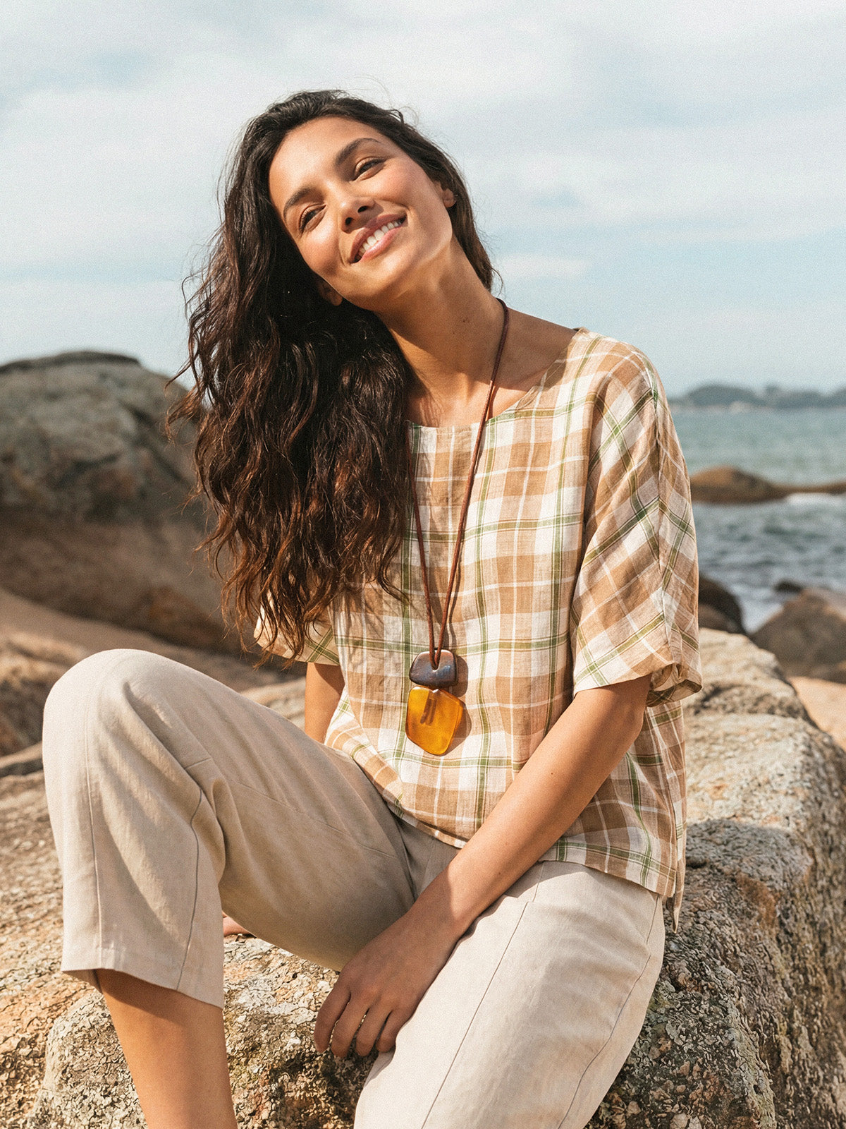 100% Linen Plaid Drop Shoulder Side Slit Top LORNA by LINTICO