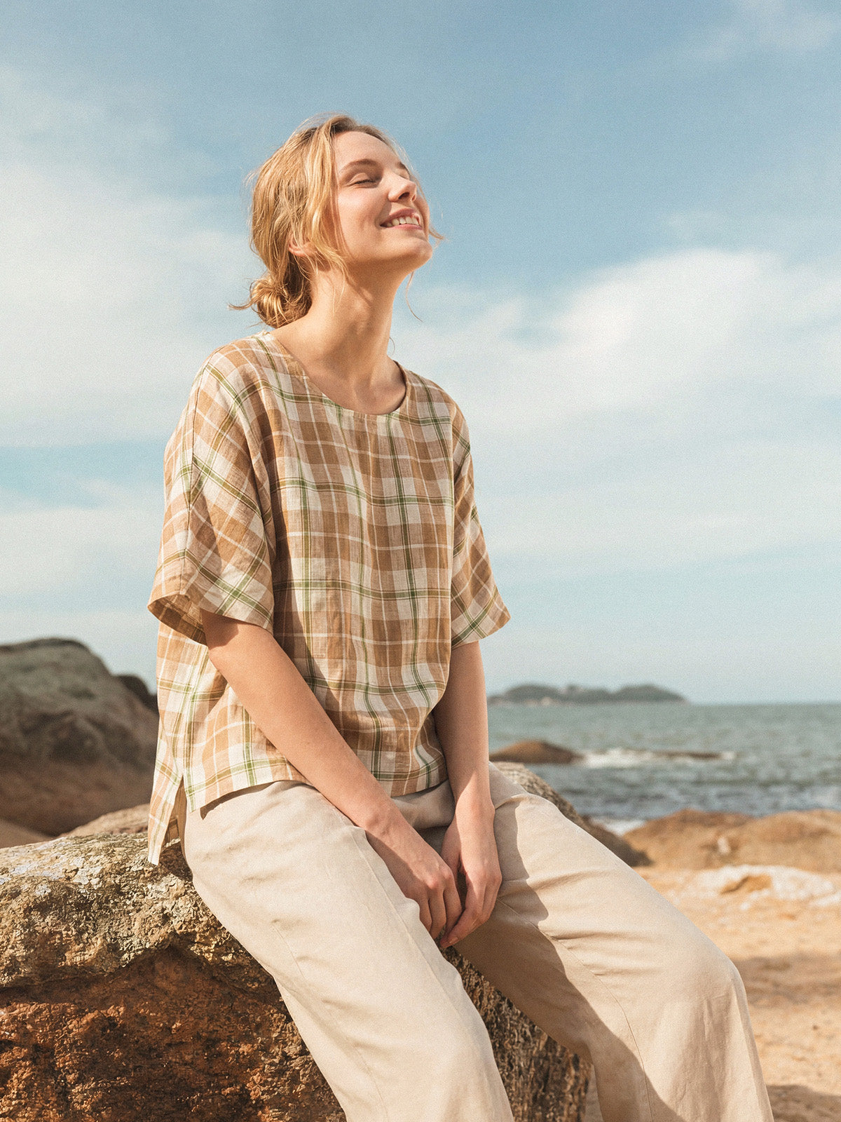 100% Linen Plaid Drop Shoulder Side Slit Top LORNA by LINTICO