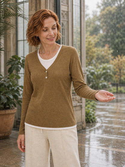 Lyocell Wool Layered Look Button Placket Top SABRINE  DestGlow