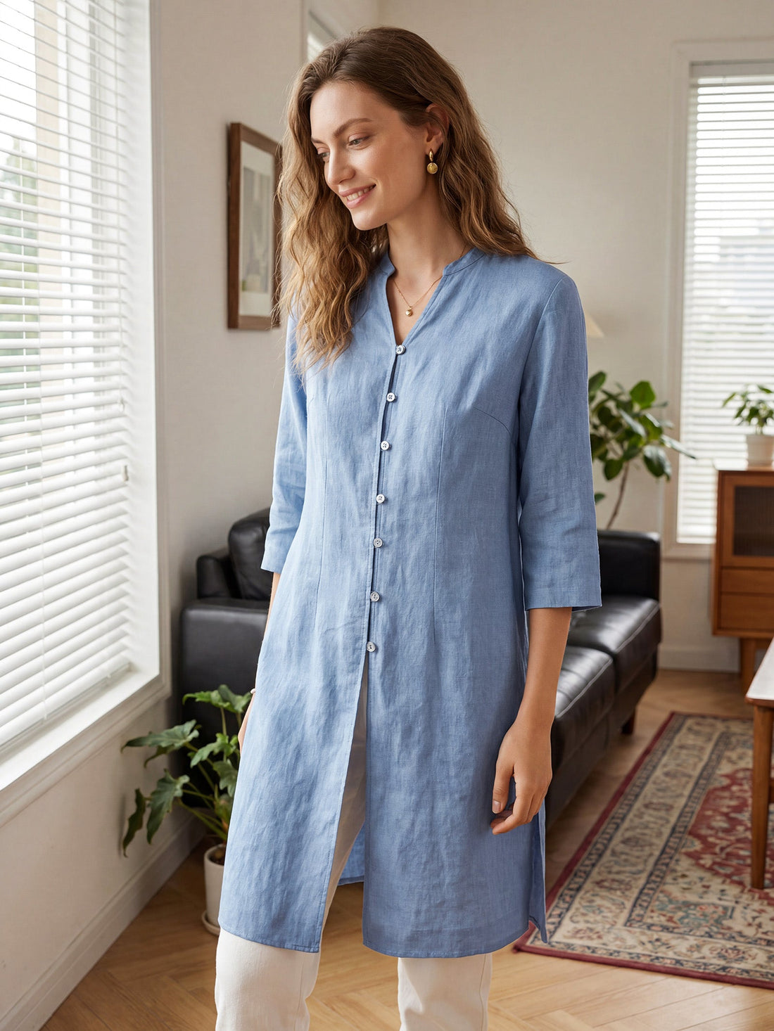 100% Linen Hand Button Long Top DILLON 