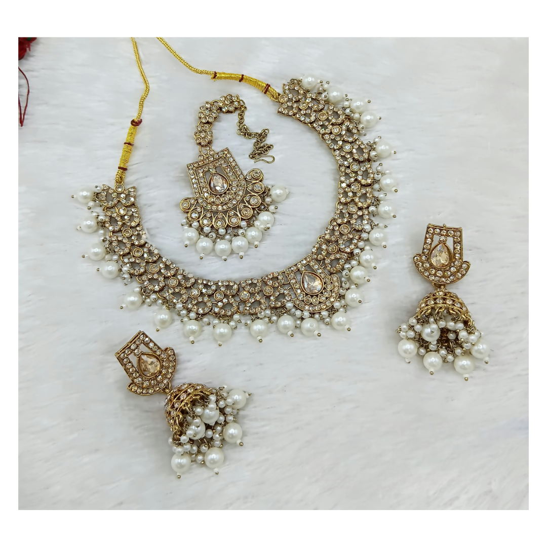 Joban Fashion Cream Stone Work Necklace Set