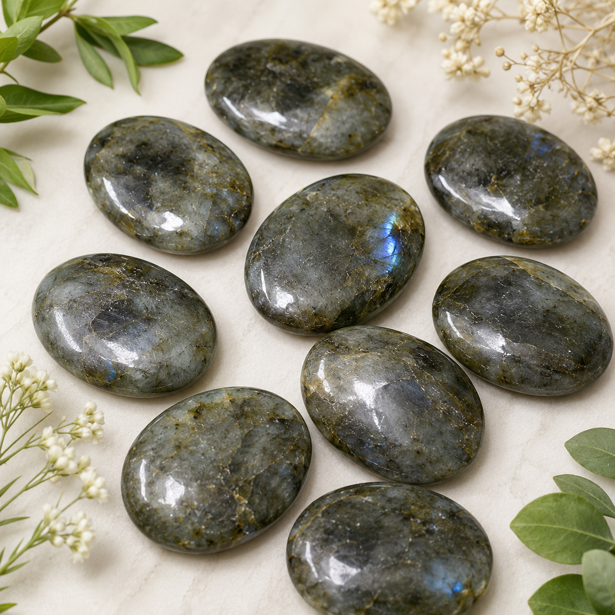 Labradorite Flat Stone, Polished Oval Flat Palm Stones  DestGlow