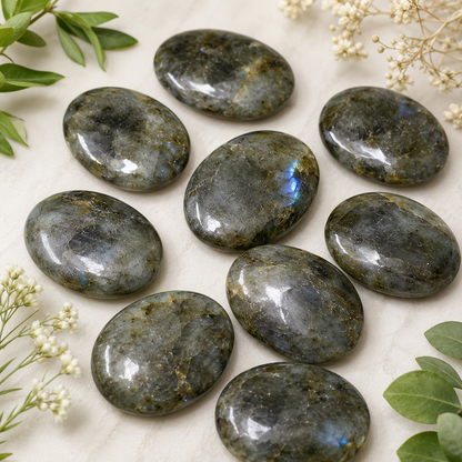 Labradorite Flat Stone, Polished Oval Flat Palm Stones  DestGlow