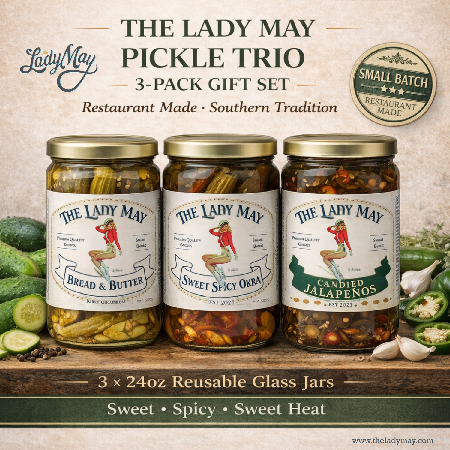 Lady May Pickle Trio Gift Set – 3 Pack Bundle (24oz Jars) – Bread &amp; Butter Sweet Pickles, Sweet &amp; Spicy Pickled Okra, Candied Jalapeños – Small Batch Southern Style – Restaurant Made Gourmet Pickles by The Lady May