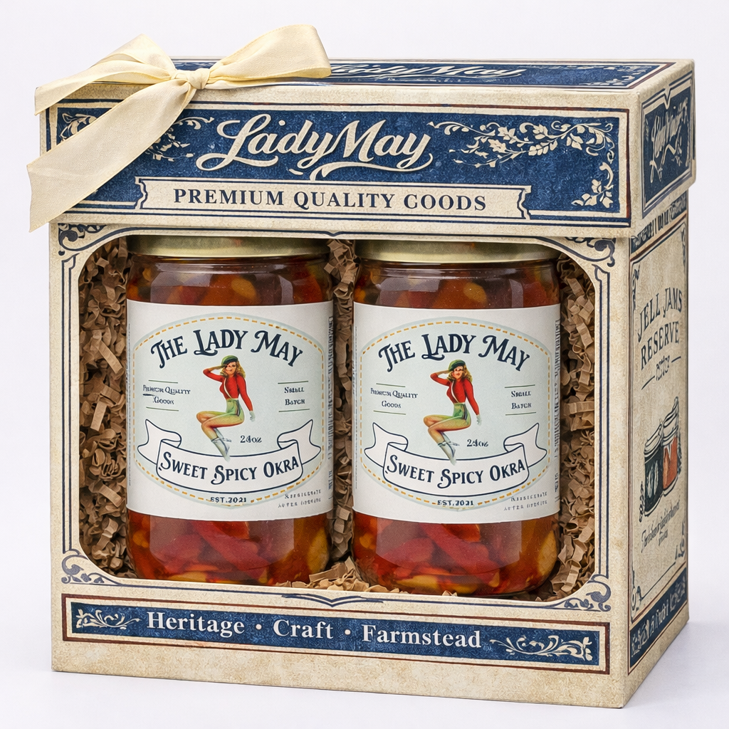 Lady May Sweet &amp; Spicy Pickled Okra – 2 Pack (24oz Jars) – Southern Style Whole Fresh Okra Pods – Small Batch Restaurant Made – Sweet Heat with Jalapeño &amp; Garlic by The Lady May