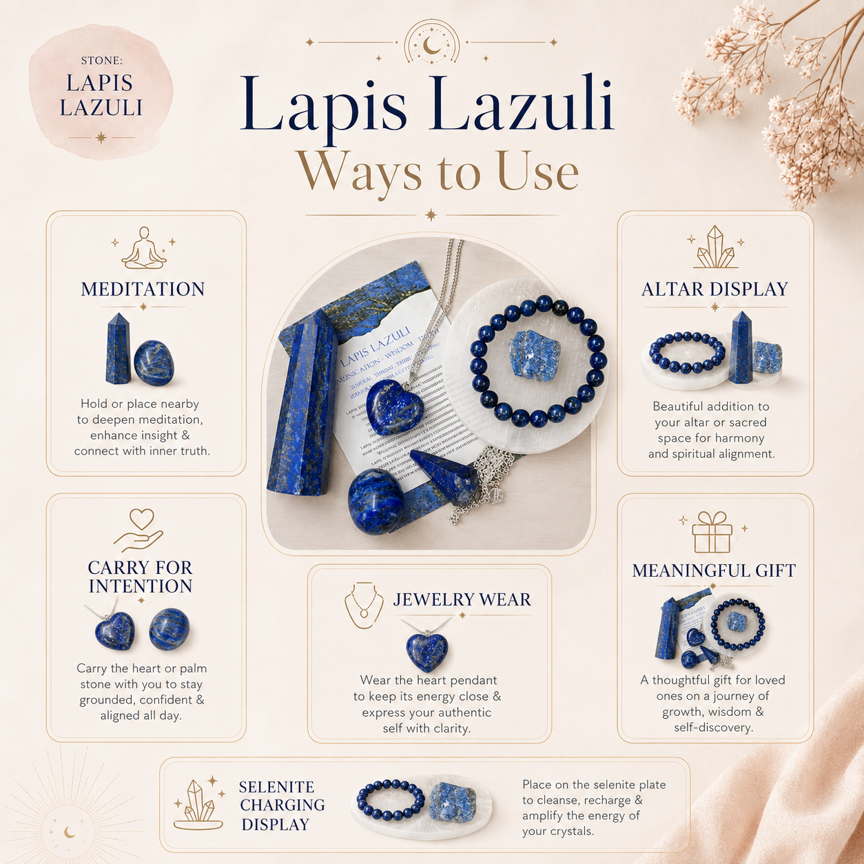 Lapis Lazuli Crystal Gift Set For Emotional Support and Protection, Real Polished Gemstones.  DestGlow