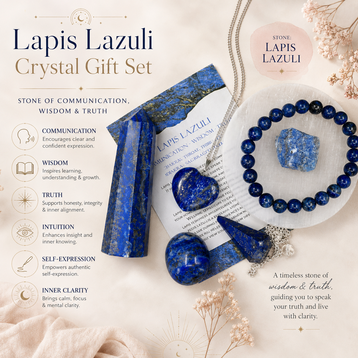 Lapis Lazuli Crystal Gift Set For Emotional Support and Protection, Real Polished Gemstones.  DestGlow