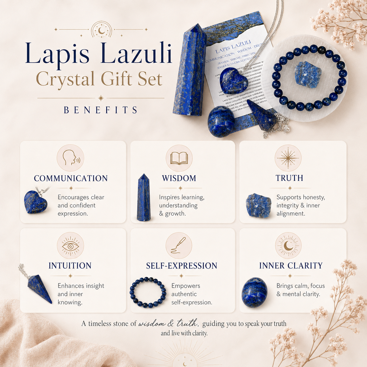 Lapis Lazuli Crystal Gift Set For Emotional Support and Protection, Real Polished Gemstones.  DestGlow