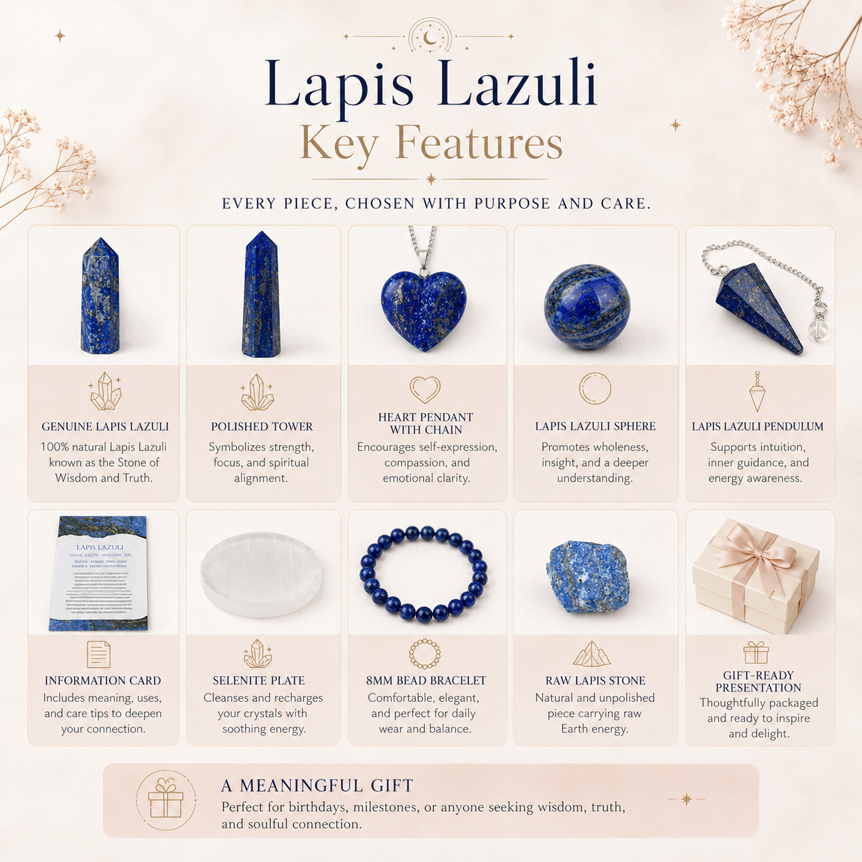 Lapis Lazuli Crystal Gift Set For Emotional Support and Protection, Real Polished Gemstones.  DestGlow