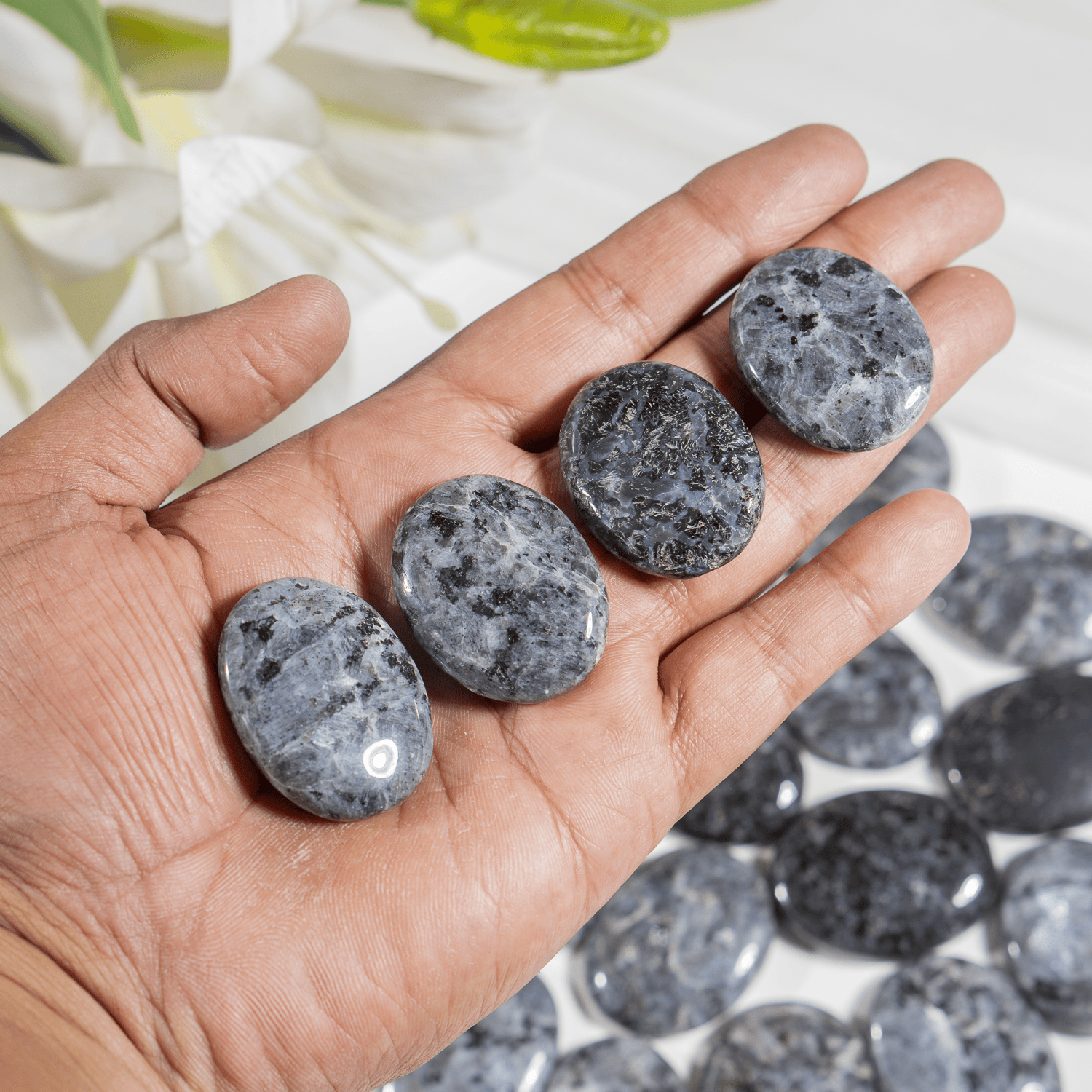 Larvikite Flat Stone, Polished Oval Flat Palm Stones
