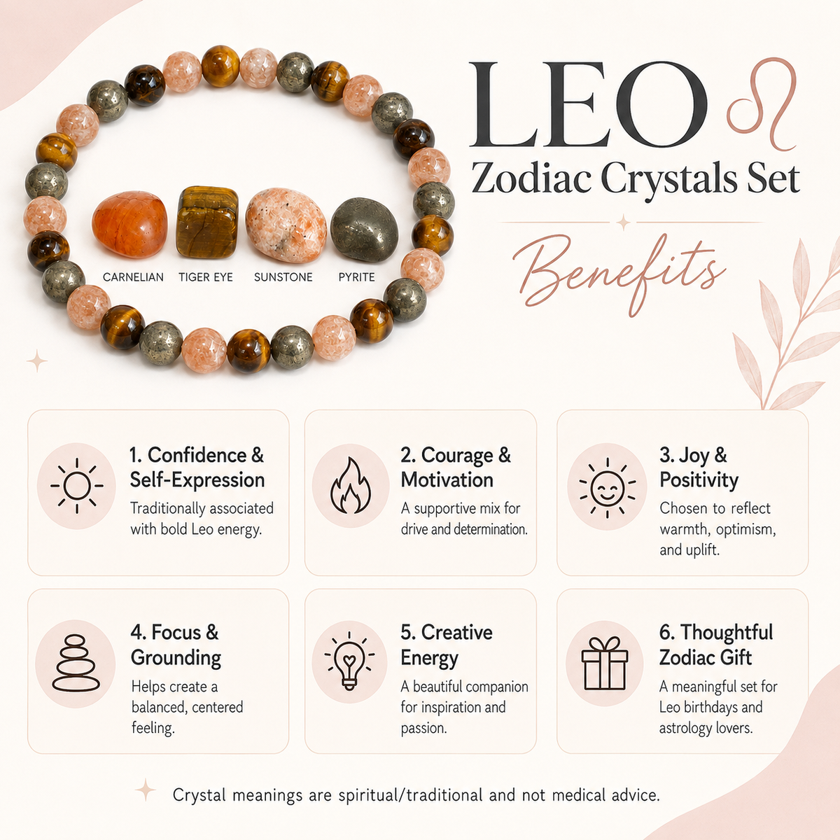 LEO Zodiac Crystal Kit, Leo Birthstones Tumbled Stones Set, Leo Stones Gifts  DestGlow