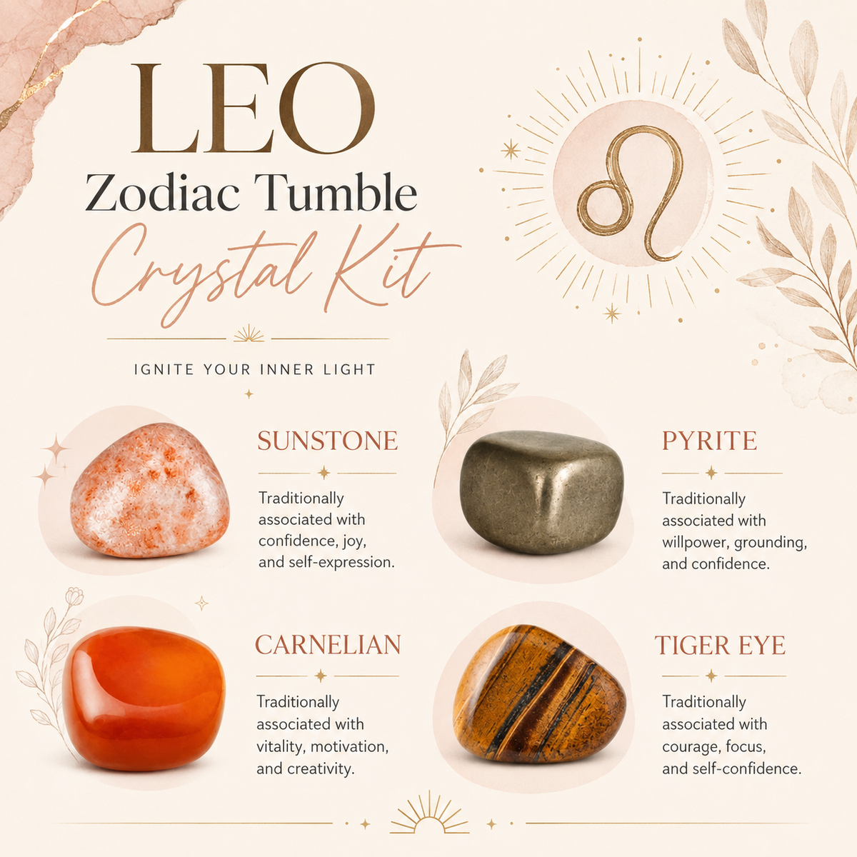 LEO Zodiac Crystal Kit, Leo Birthstones Tumbled Stones Set, Leo Stones Gifts  DestGlow