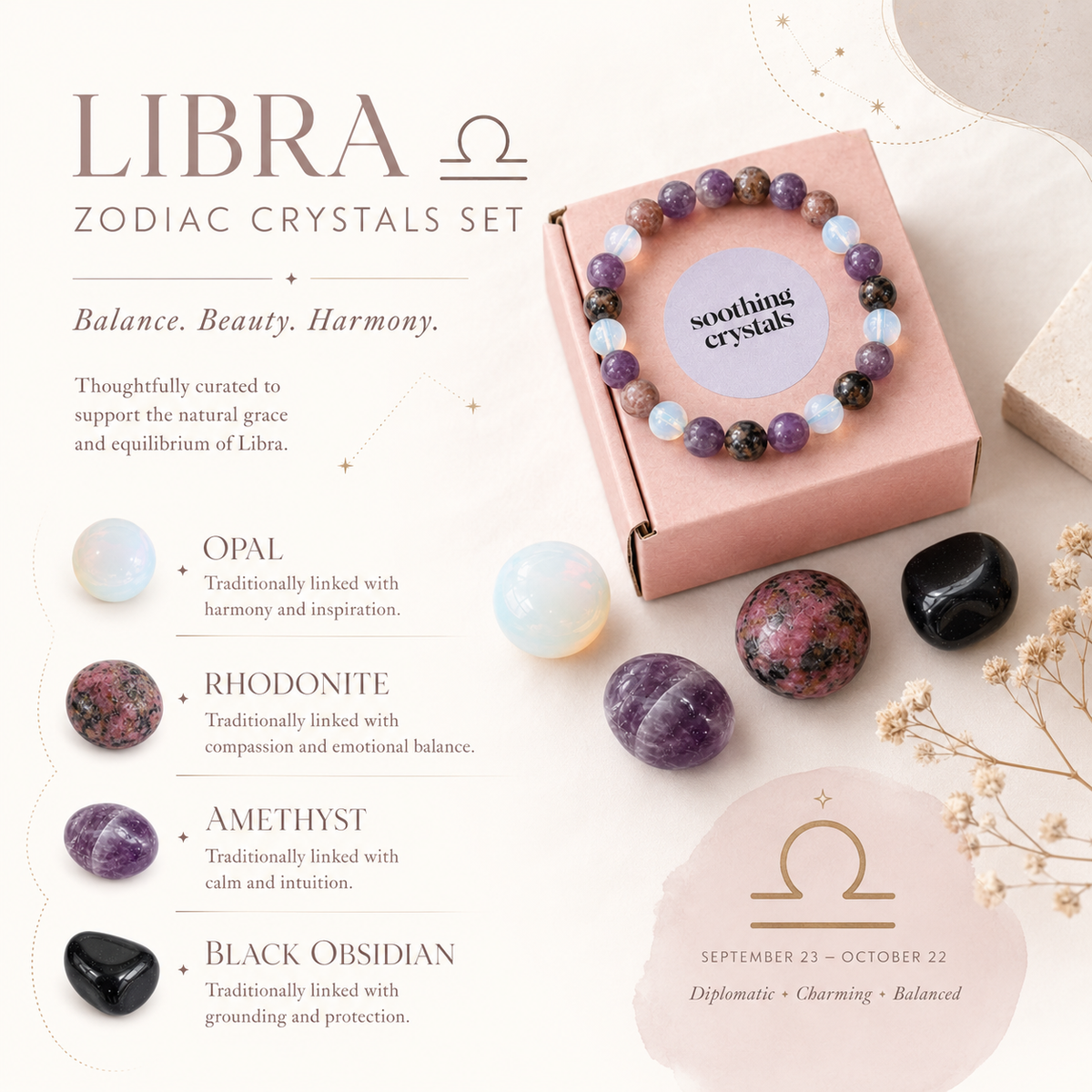 LIBRA Zodiac Crystal Kit, Libra Birthstones Tumbled Stones Set, Libra Gifts  DestGlow