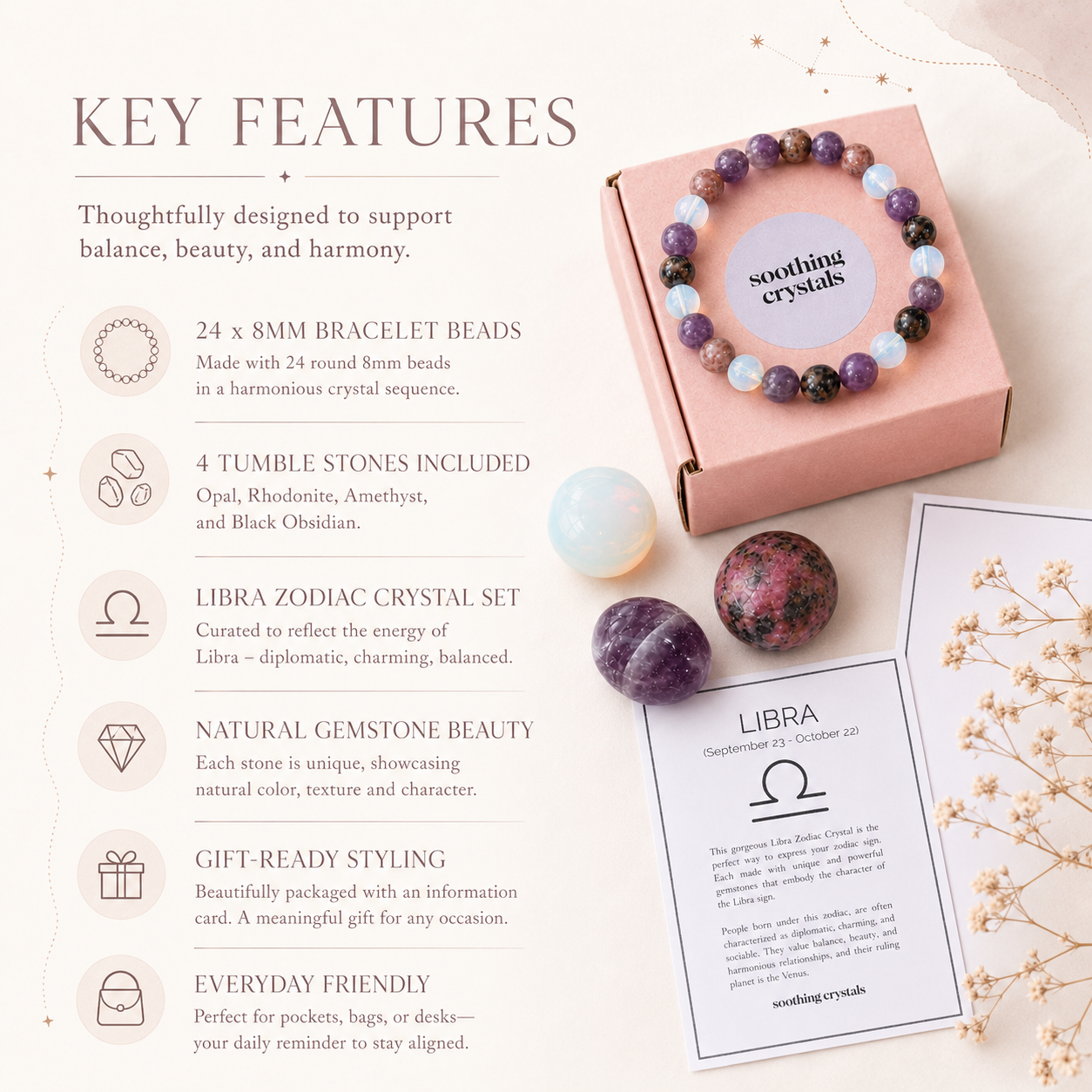 LIBRA Zodiac Crystal Kit, Libra Birthstones Tumbled Stones Set, Libra Gifts  DestGlow