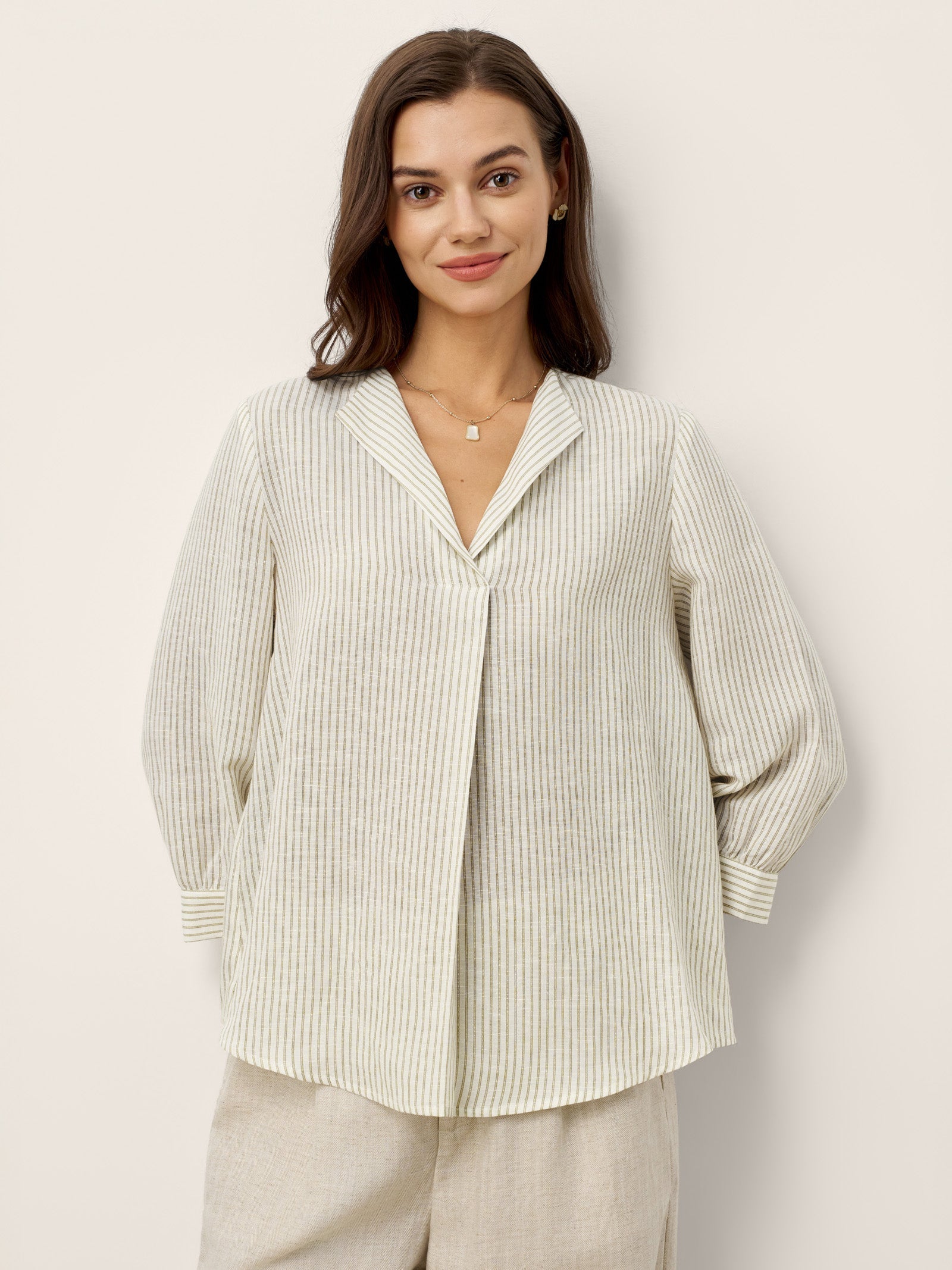 Linen-Lyocell Striped Lapel Inverted Pleat Pullover Top MARGOT by LINTICO