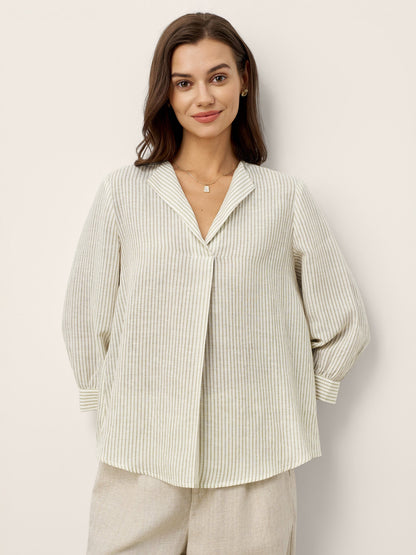Linen-Lyocell Striped Lapel Inverted Pleat Pullover Top MARGOT by LINTICO