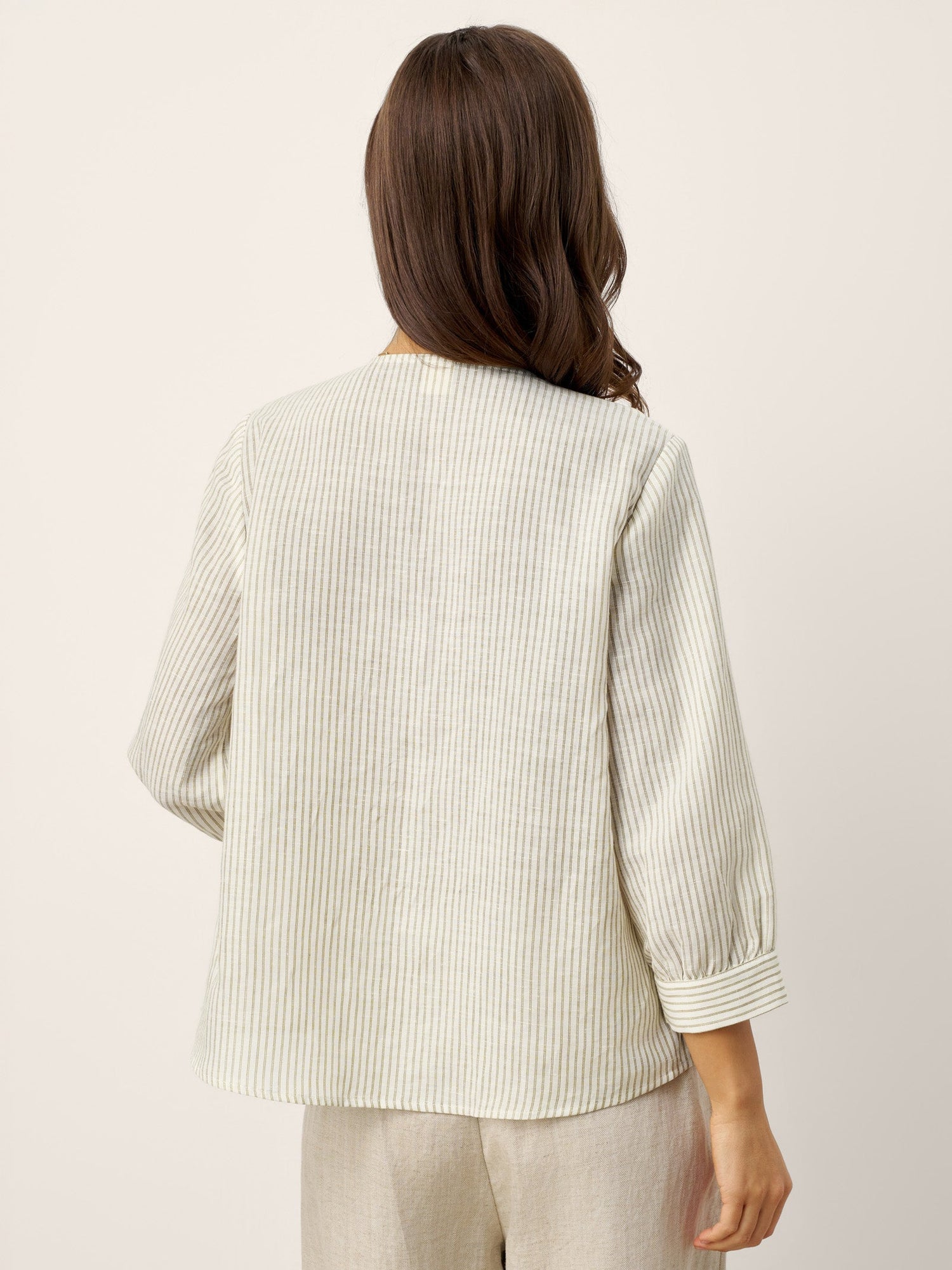 Linen-Lyocell Striped Lapel Inverted Pleat Pullover Top MARGOT by LINTICO
