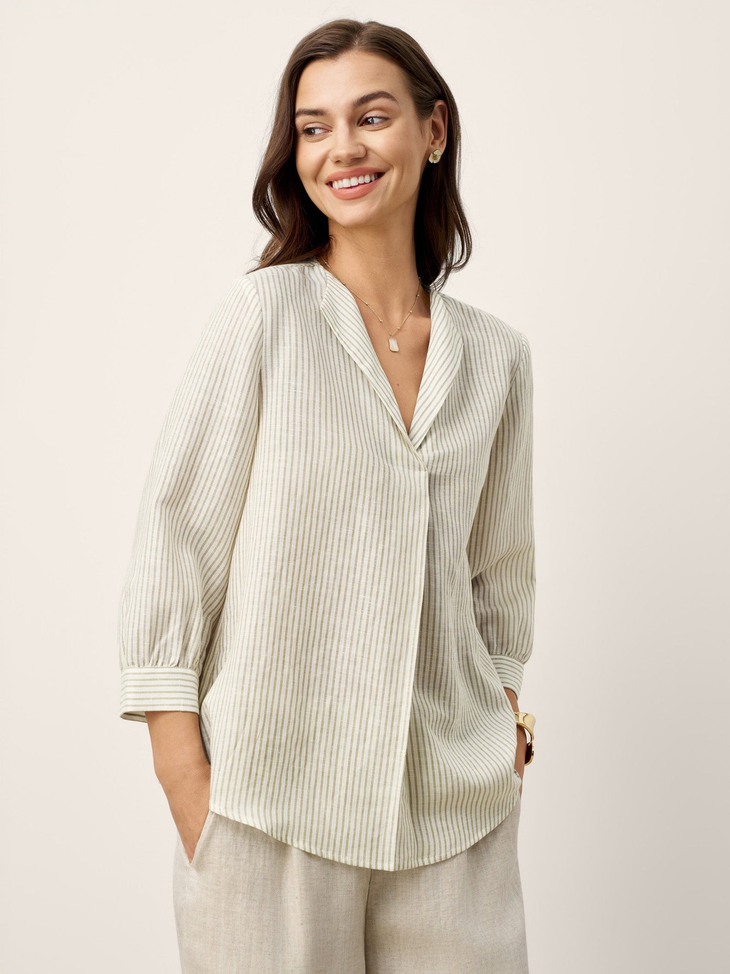 Linen-Lyocell Striped Lapel Inverted Pleat Pullover Top MARGOT by LINTICO