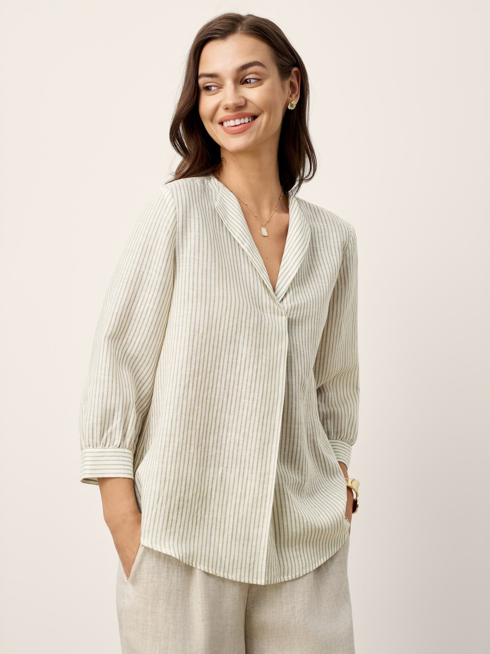 Linen-Lyocell Striped Lapel Inverted Pleat Pullover Top MARGOT by LINTICO