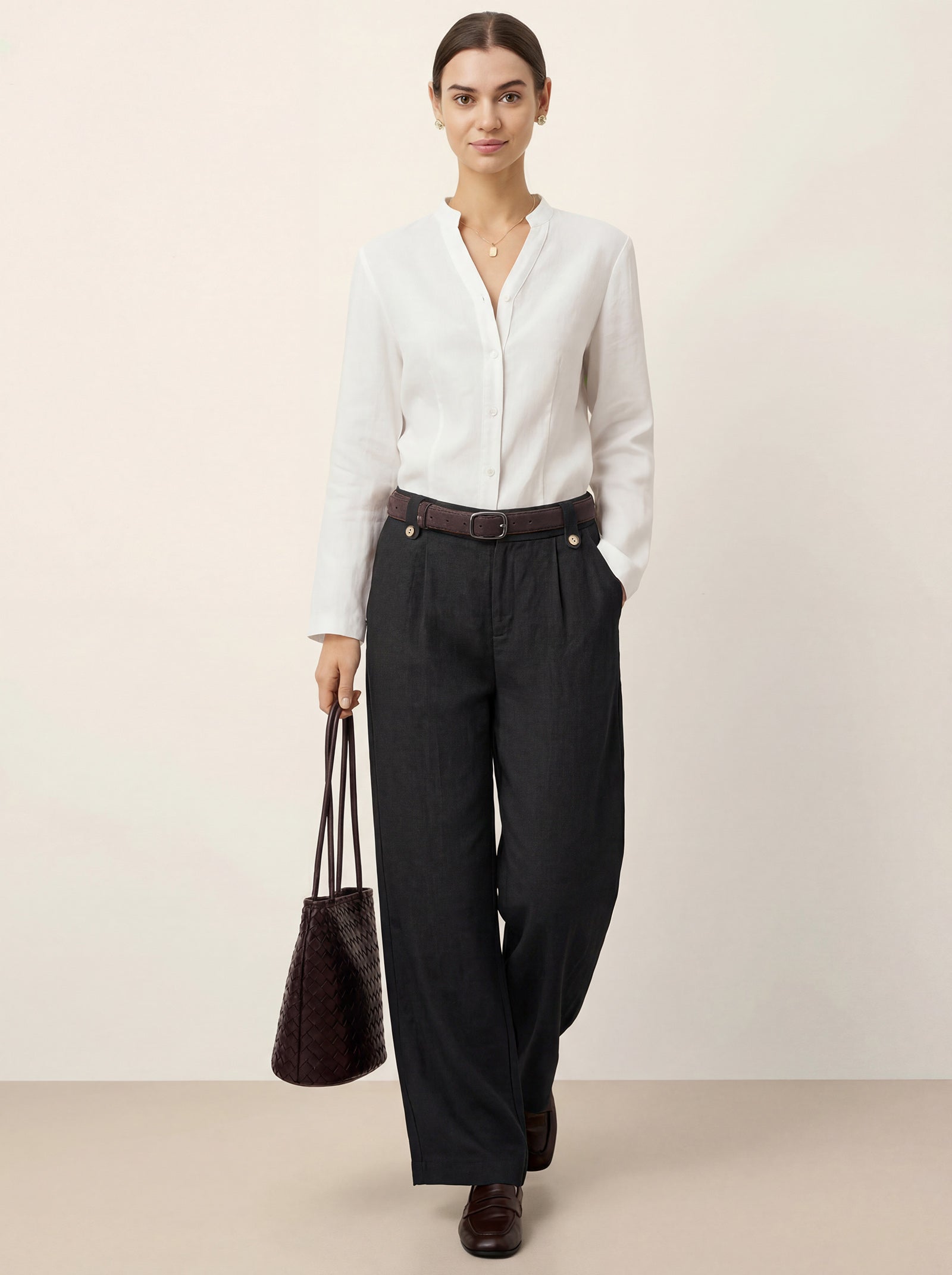 Linen-Lyocell Pleated Wide Leg Trousers with Back Elastic &amp; Button Detail AISLING by LINTICO