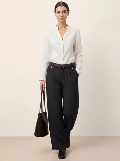 Linen-Lyocell Pleated Wide Leg Trousers with Back Elastic &amp; Button Detail AISLING by LINTICO