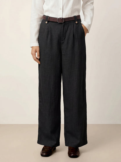 Linen-Lyocell Pleated Wide Leg Trousers with Back Elastic &amp; Button Detail AISLING by LINTICO