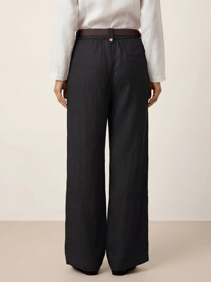 Linen-Lyocell Pleated Wide Leg Trousers with Back Elastic &amp; Button Detail AISLING by LINTICO