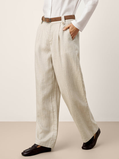 Linen-Lyocell Pleated Wide Leg Trousers with Back Elastic &amp; Button Detail AISLING by LINTICO