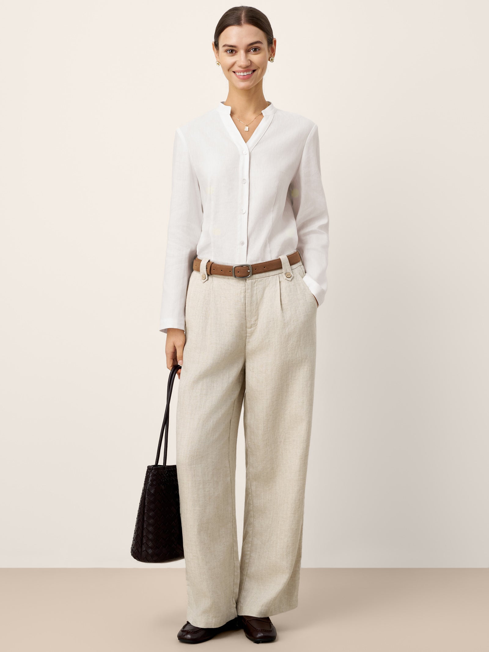 Linen-Lyocell Pleated Wide Leg Trousers with Back Elastic &amp; Button Detail AISLING by LINTICO