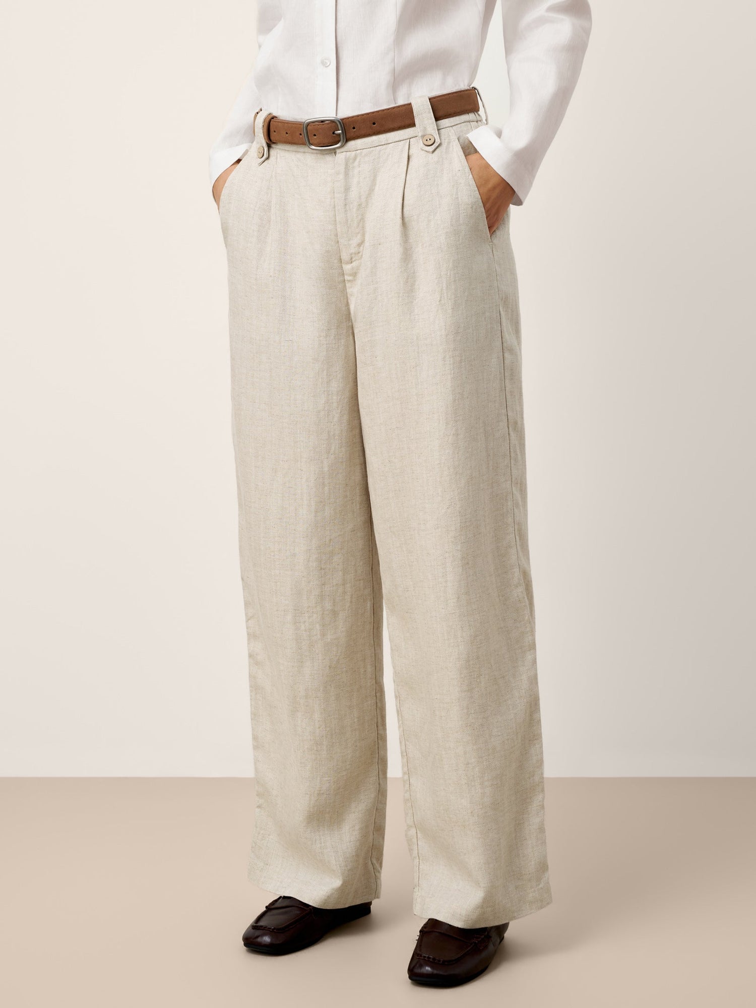 Linen-Lyocell Pleated Wide Leg Trousers with Back Elastic &amp; Button Detail AISLING by LINTICO