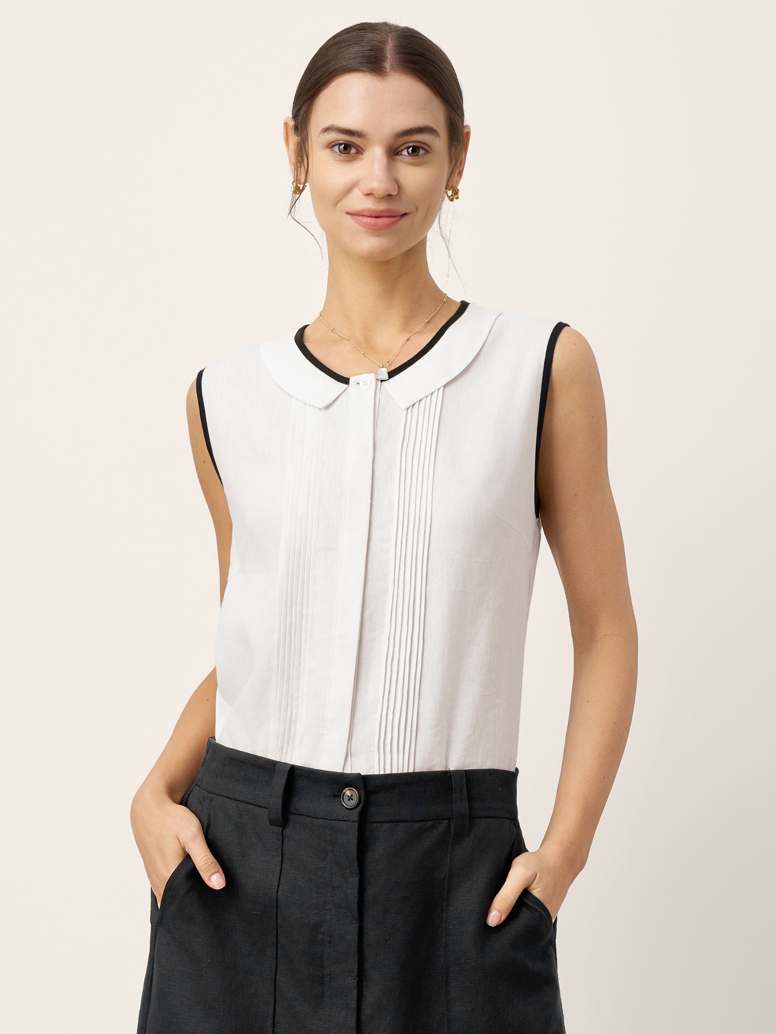 Linen-Lyocell Contrast Trim Pleated Sleeveless Top JUNIPER by LINTICO