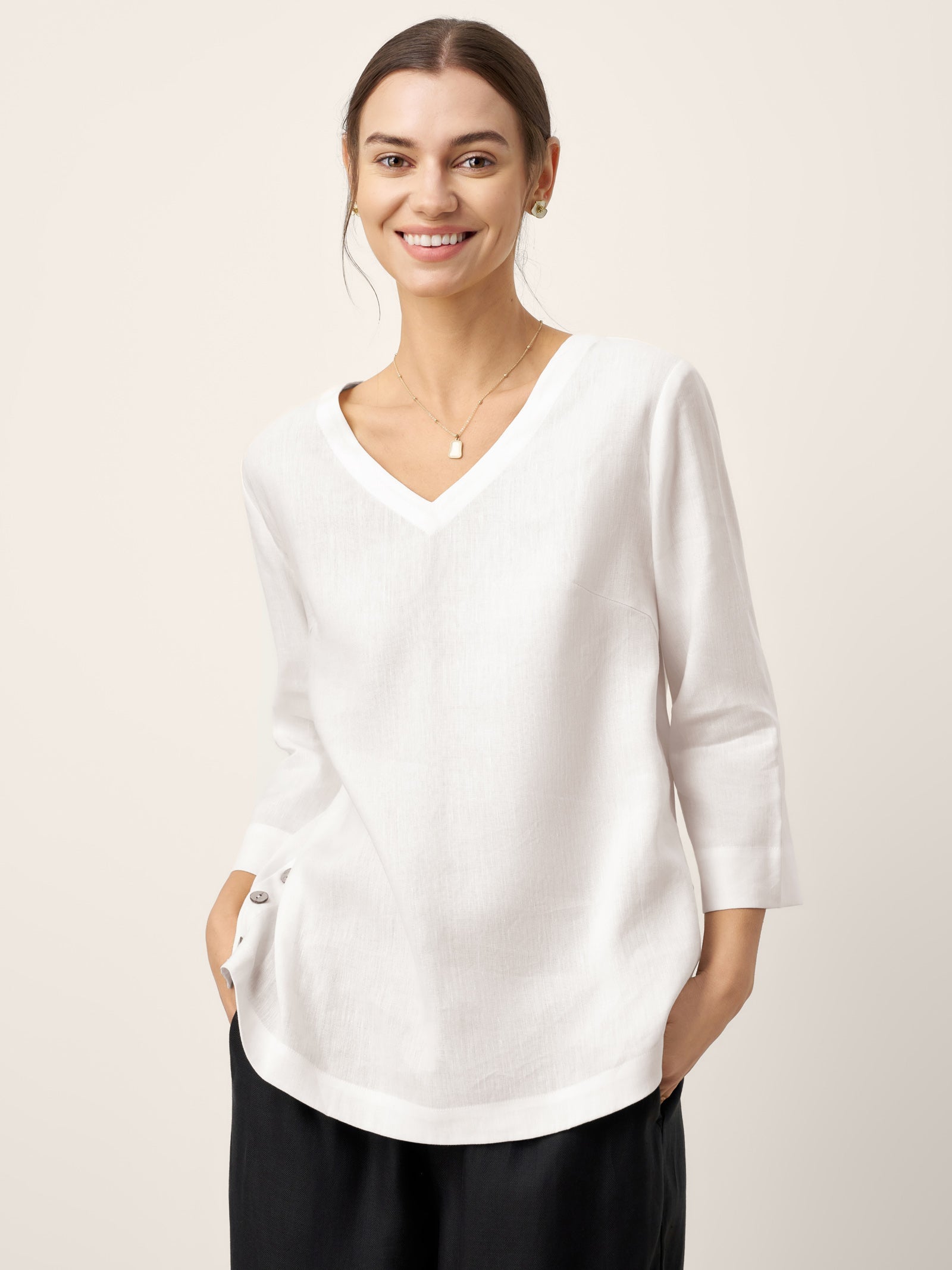 Linen-Lyocell V-Neck Button Detail Overtop ODETTE by LINTICO