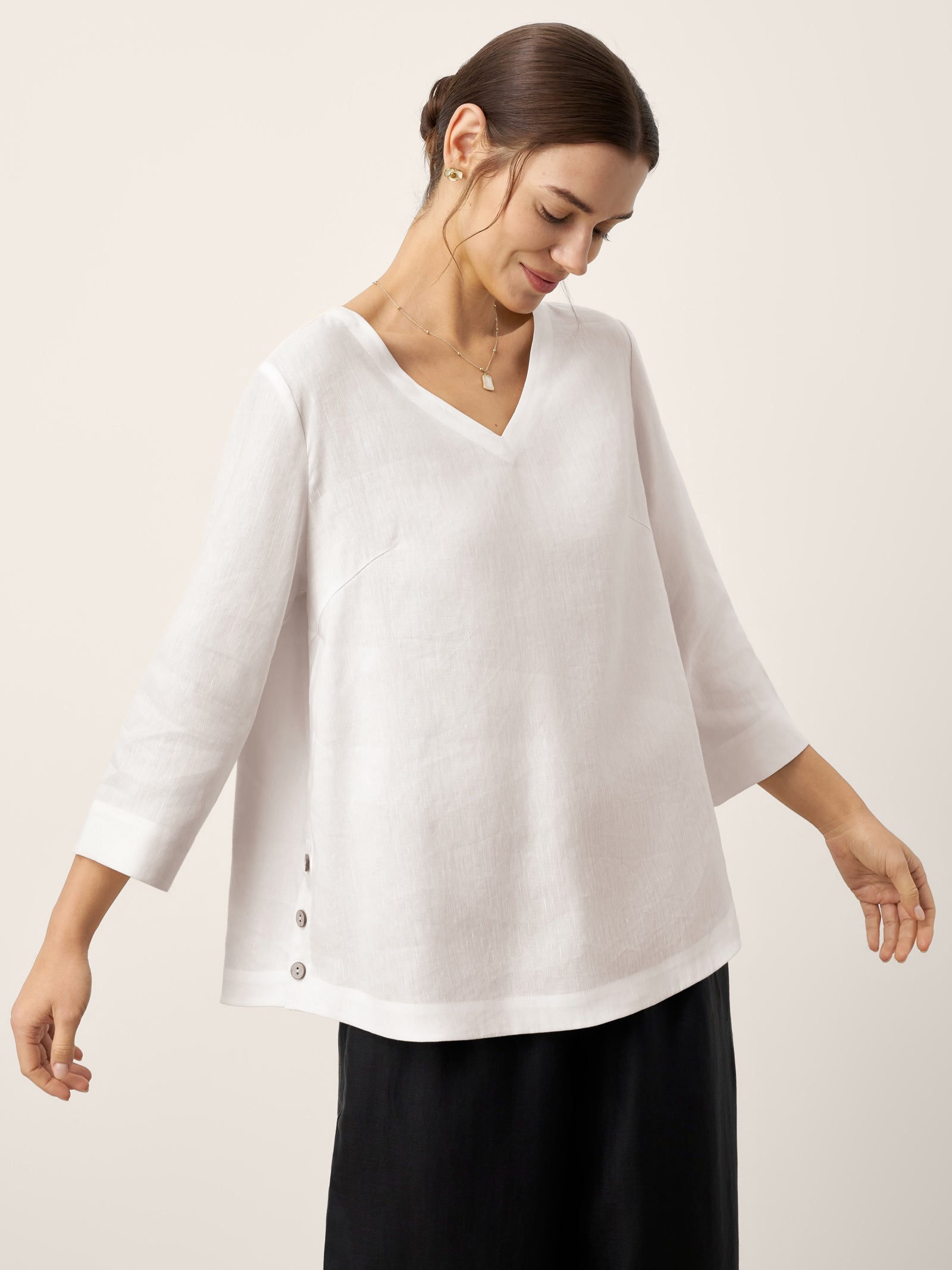 Linen-Lyocell V-Neck Button Detail Overtop ODETTE by LINTICO