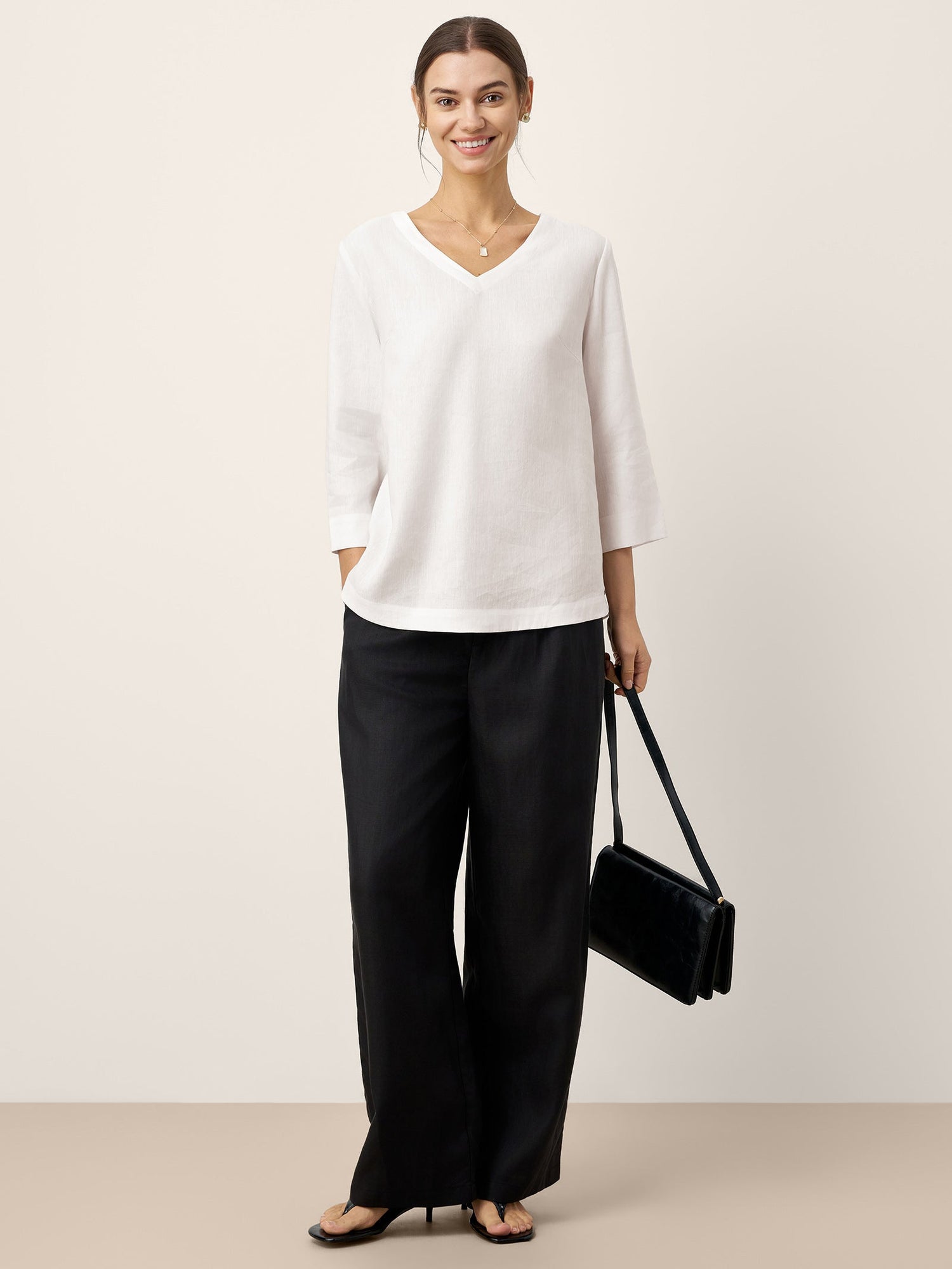 Linen-Lyocell V-Neck Button Detail Overtop ODETTE by LINTICO