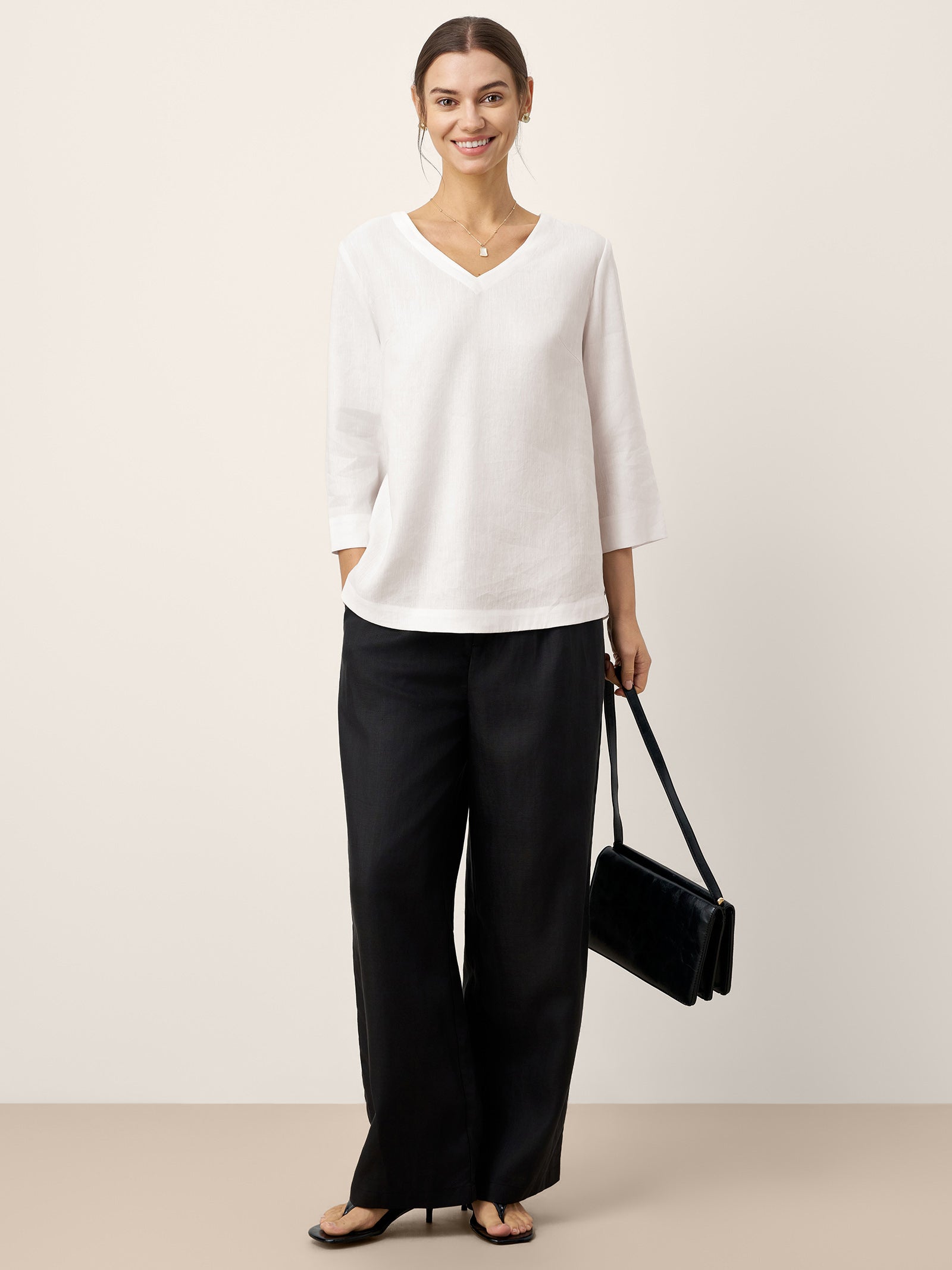 Linen-Lyocell V-Neck Button Detail Overtop ODETTE by LINTICO