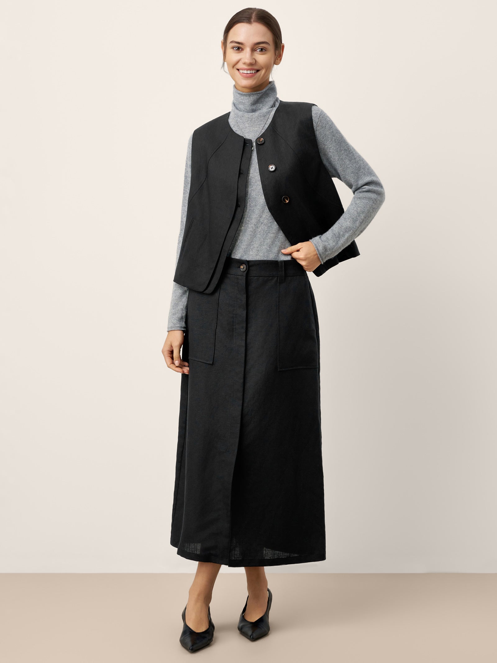 Linen-Lyocell Patch Pocket Placket Skirt LYRA by LINTICO