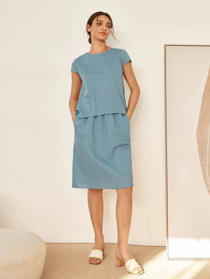Linen Blend Cap Sleeve Top And Pencil Skirt Set VEDA by LINTICO