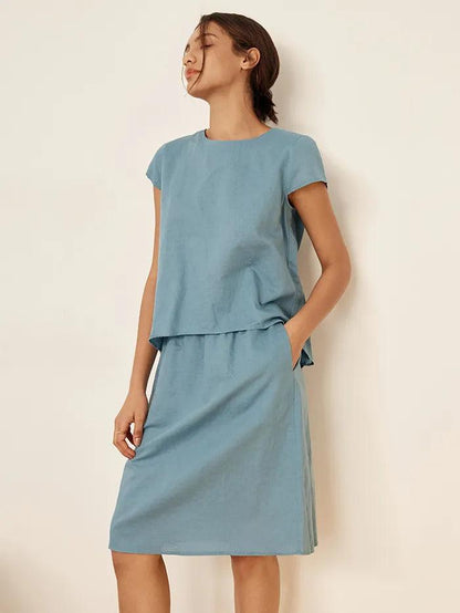 Linen Blend Cap Sleeve Top And Pencil Skirt Set VEDA by LINTICO