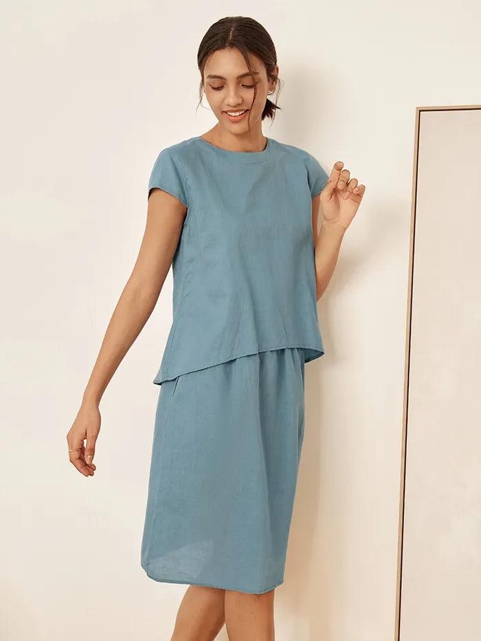 Linen Blend Cap Sleeve Top And Pencil Skirt Set VEDA by LINTICO