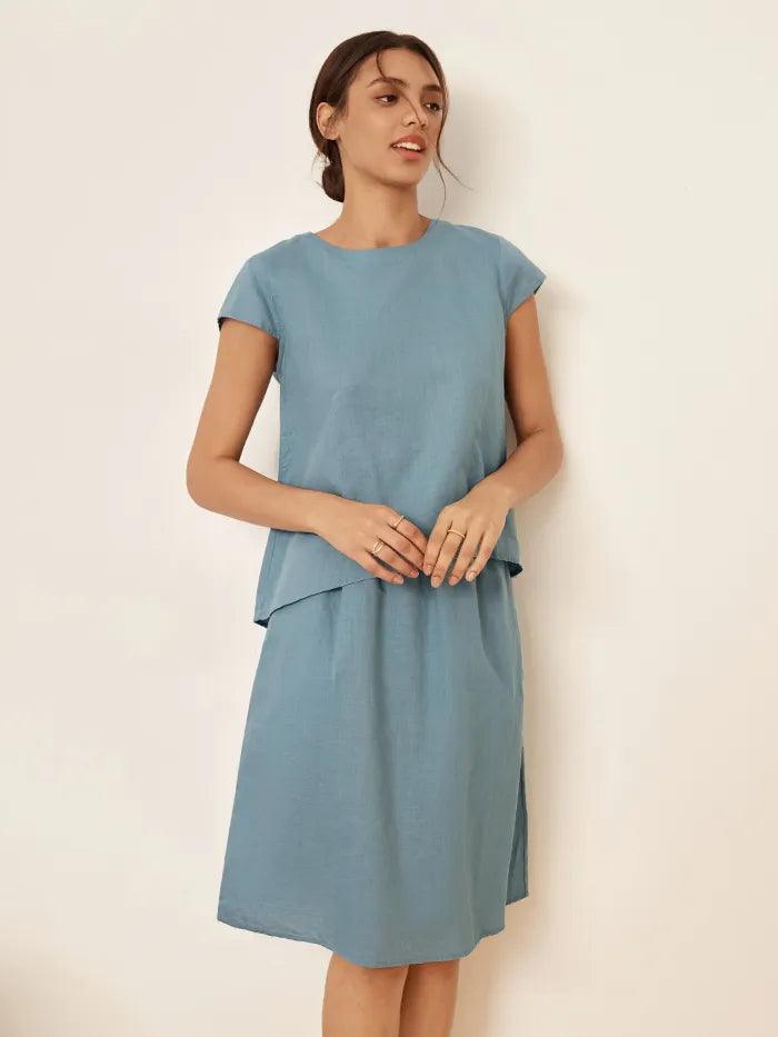 Linen Blend Cap Sleeve Top And Pencil Skirt Set VEDA by LINTICO