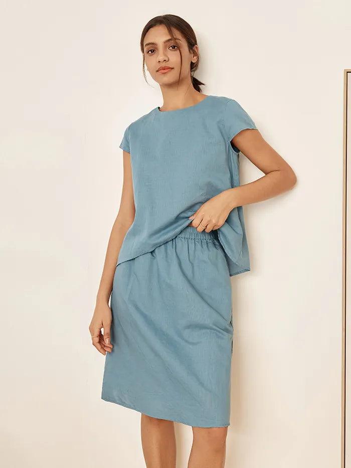 Linen Blend Cap Sleeve Top And Pencil Skirt Set VEDA by LINTICO