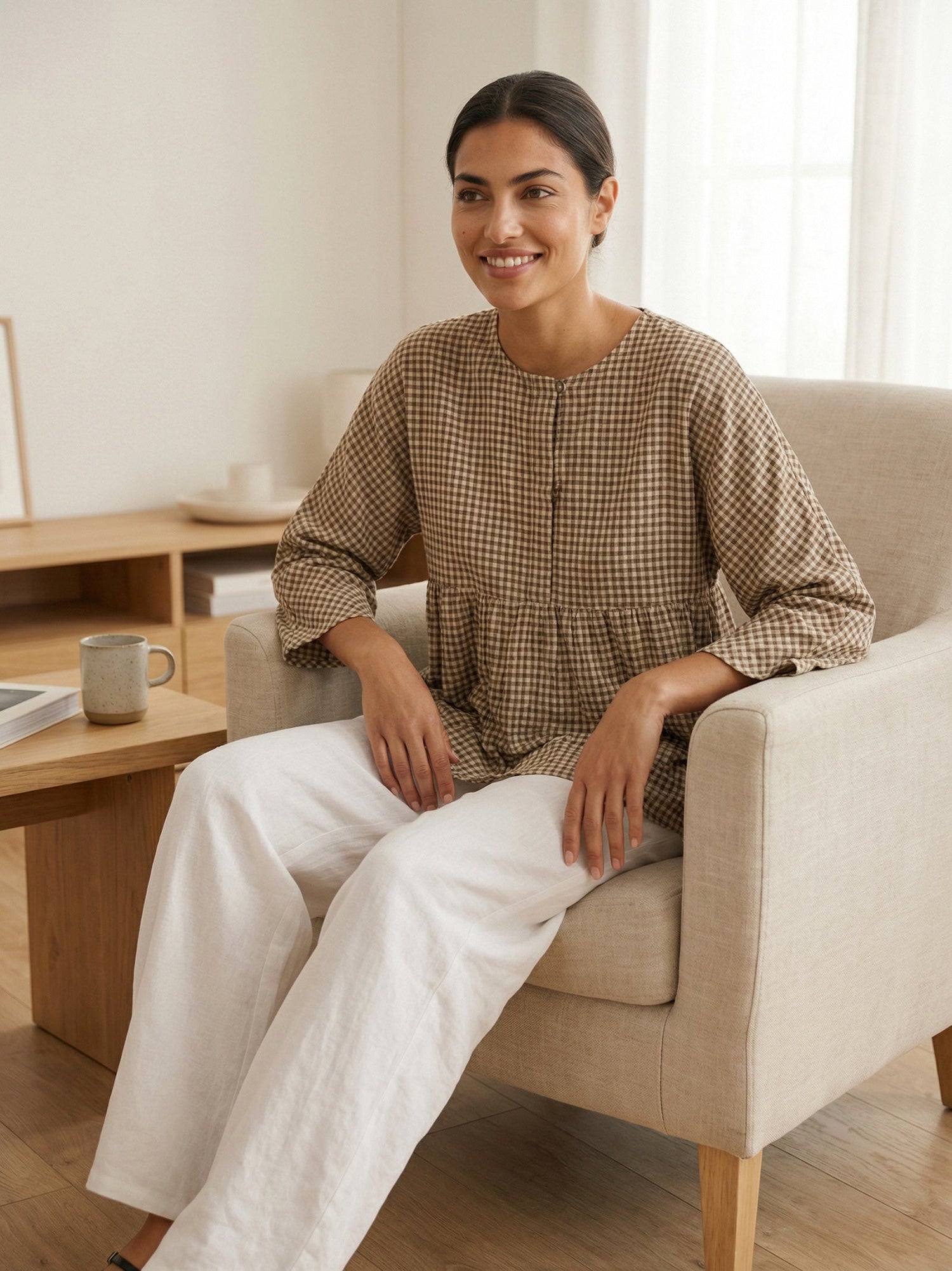 Linen Checked Long-Sleeved Top CAROLINE by LINTICO